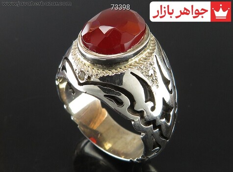 انگشتر نقره عقیق یمنی قرمز سرخ الماس تراش مردانه دست ساز با برلیان اصل - 73398