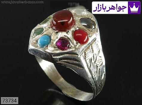 انگشتر مرجان سرخ قرمز مردانه انگشتر نقره چند نگین نه جواهر مردانه - 73734