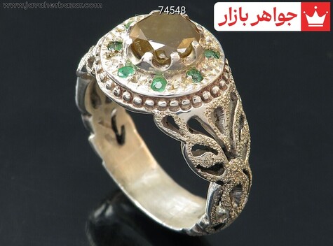 انگشتر نقره الماس و زمرد فاخر اشرافی مردانه دست ساز - 74548