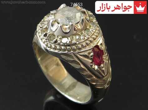 انگشتر نقره الماس و زمرد زامبیا و یاقوت آفریقایی خاص و کمیاب مردانه دست ساز - 74553
