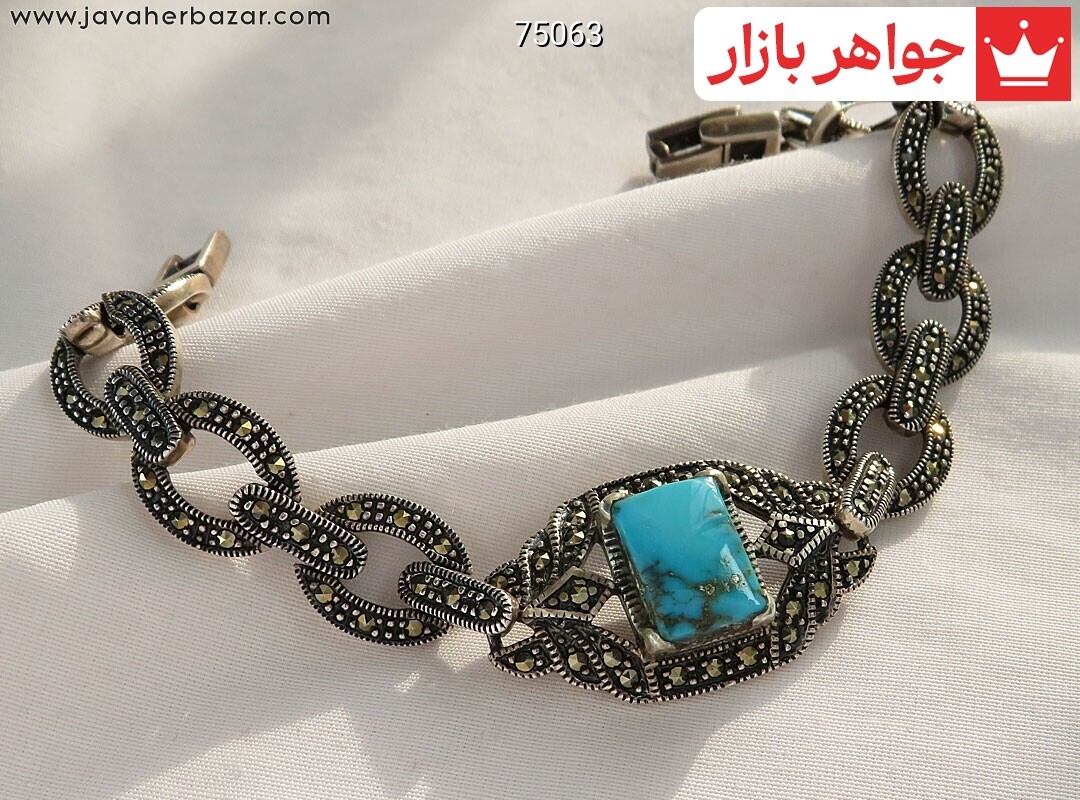 دستبند نقره فیروزه نیشابوری درشت اشرافی زنانه