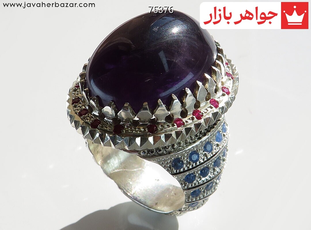 انگشتر نقره آمتیست دامله درشت و توپاز آبی و قرمز سوپر لوکس مردانه دست ساز