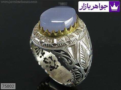 انگشتر نقره عقیق یمنی کبود مردانه دست ساز تاج برنجی - 75802