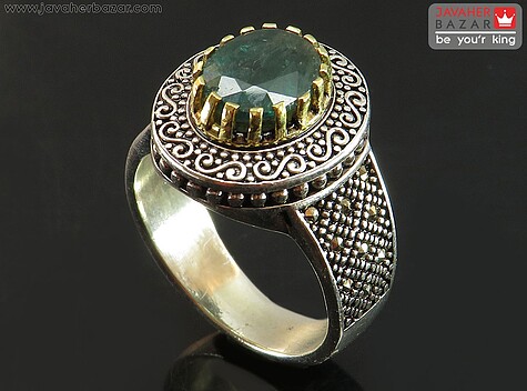 انگشتر نقره زمرد زامبیا الماس تراش مردانه - 76223