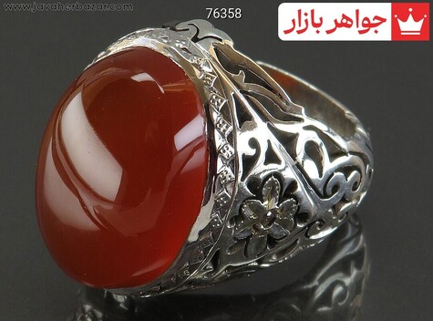 انگشتر نقره عقیق یمنی قرمز درشت فاخر مردانه دست ساز با برلیان اصل