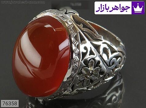 انگشتر نقره عقیق یمنی قرمز درشت فاخر مردانه دست ساز با برلیان اصل - 76358