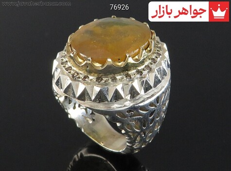 انگشتر نقره یاقوت آفریقایی زرد الماس تراش فاخر مردانه با برلیان اصل - 76926
