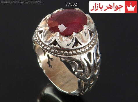 انگشتر نقره یاقوت آفریقایی قرمز سرخ الماس تراش مردانه دست ساز - 77502