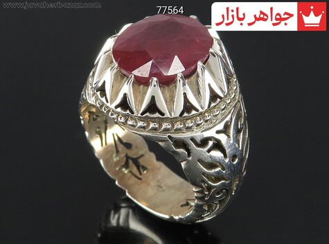 انگشتر نقره یاقوت آفریقایی قرمز الماس تراش مردانه دست ساز