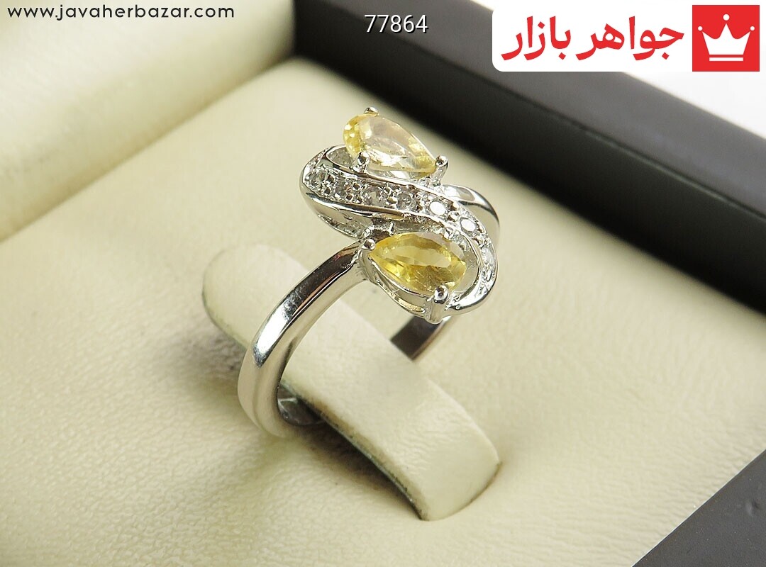 انگشتر نقره سیترین نگین اشکی زنانه