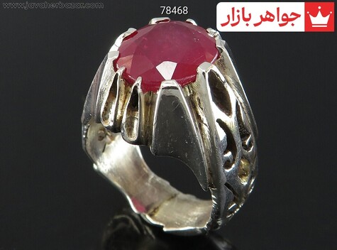 انگشتر نقره یاقوت قرمز سرخ الماس تراش مردانه - 78468
