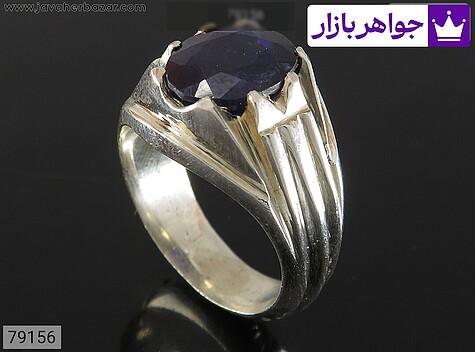 انگشتر نقره یاقوت کبود الماس تراش مردانه دست ساز - 79156