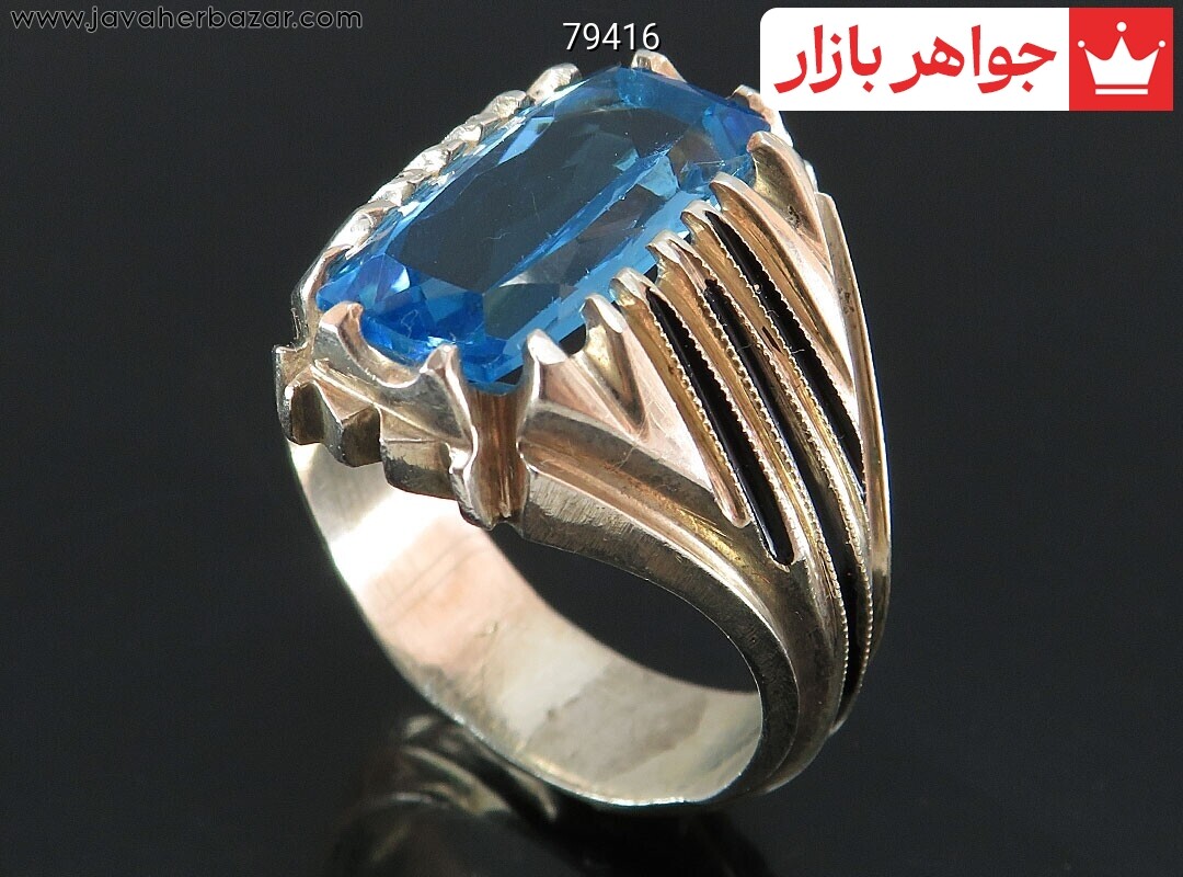 انگشتر نقره توپاز آبی جذاب مردانه دست ساز