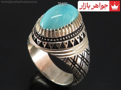 انگشتر نقره فیروزه نیشابوری سیاه قلم کاری مردانه دست ساز - 79422