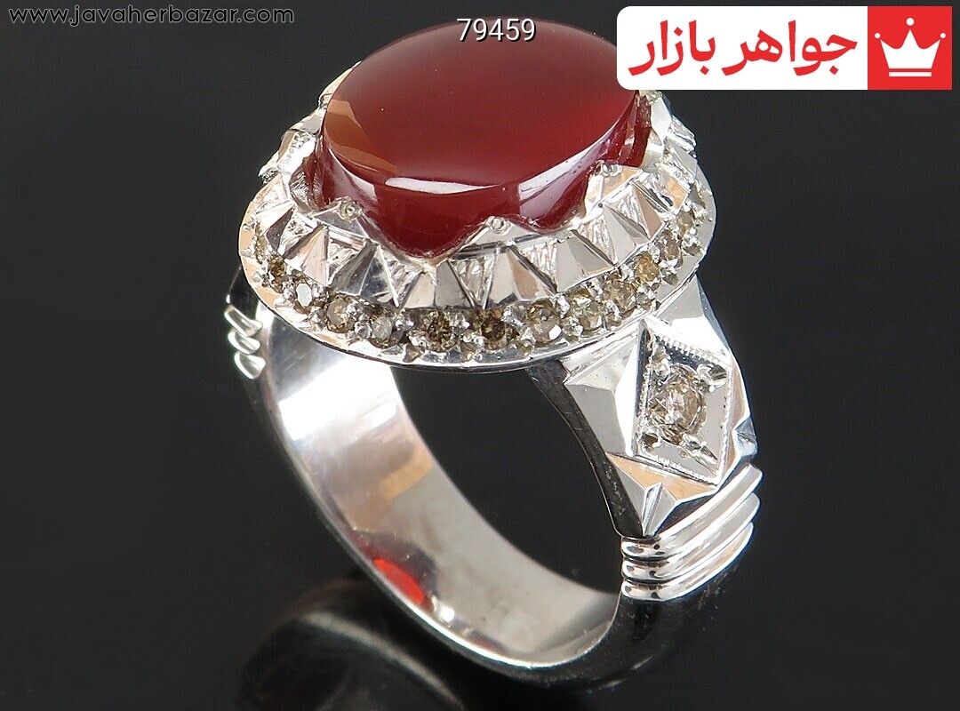 انگشتر نقره عقیق یمنی قرمز با شکوه مردانه دست ساز با برلیان اصل