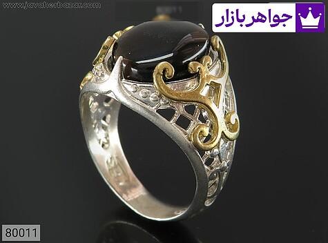 انگشتر نقره عقیق یمنی سیاه جزع زیبا مردانه تاج برنجی - 80011