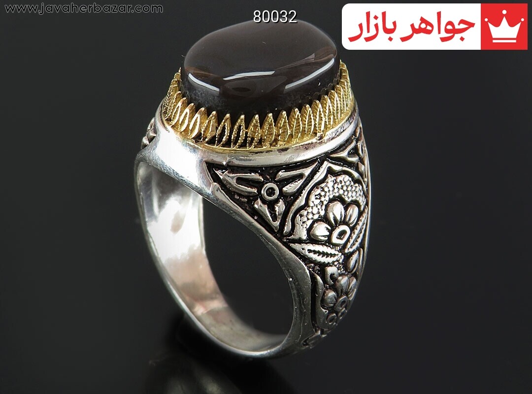 انگشتر نقره عقیق یمن جزع تاج برنجی مردانه