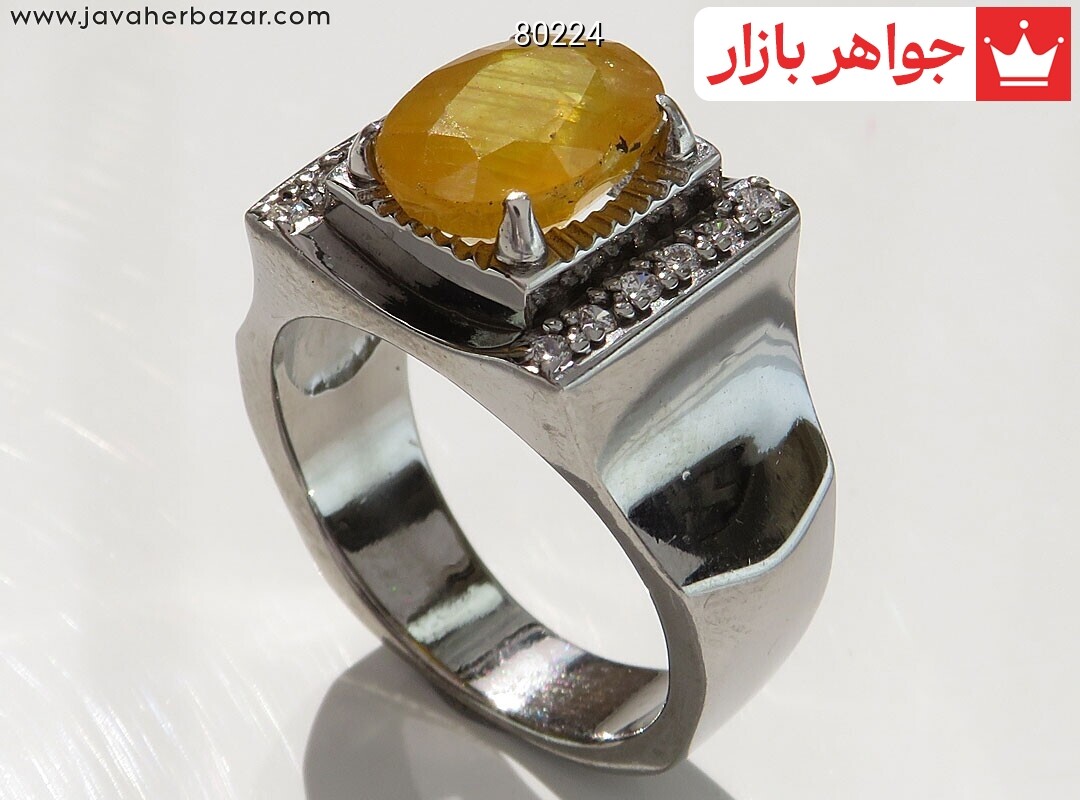 انگشتر نقره یاقوت زرد الماس تراش زیبا مردانه