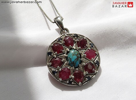 گردنبند نقره فیروزه و یاقوت حرزدار خاک تربت - 80229