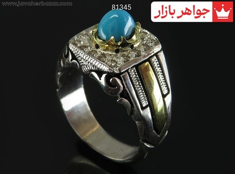 انگشتر نقره فیروزه نیشابوری عجمی مردانه دست ساز با برلیان اصل - 81345