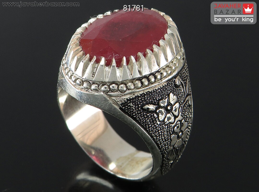 انگشتر نقره یاقوت قرمز سرخ الماس تراش مردانه دست ساز