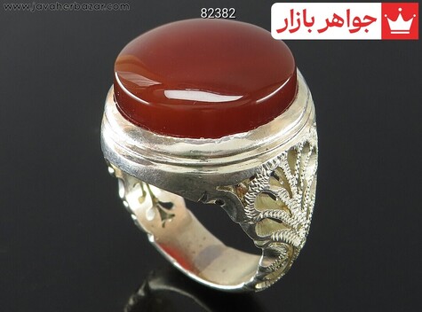 انگشتر نقره عقیق یمنی قرمز لوکس شبکه کاری مردانه دست ساز - 82382