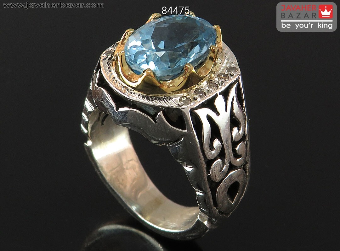 انگشتر نقره توپاز سوئیس الماس تراش مردانه دست ساز با برلیان اصل
