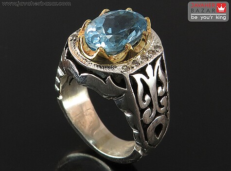 انگشتر نقره توپاز سوئیس الماس تراش مردانه دست ساز با برلیان اصل - 84475