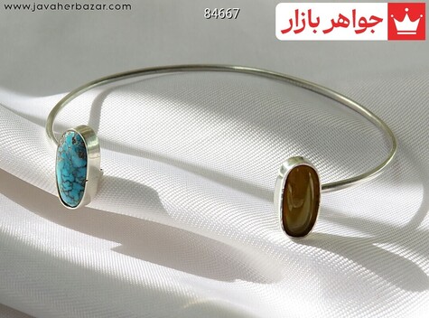 دستبند فری سایز نقره عقیق و فیروزه نیشابوری مینیمال شرف الشمس زنانه دست ساز - 84667