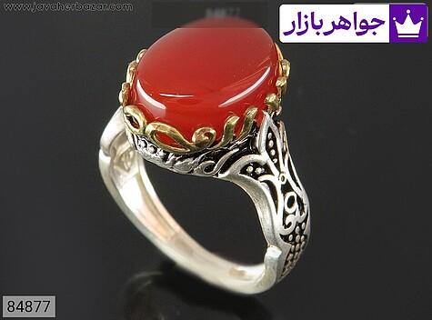 انگشتر نقره عقیق قرمز مردانه تاج برنجی - 84877