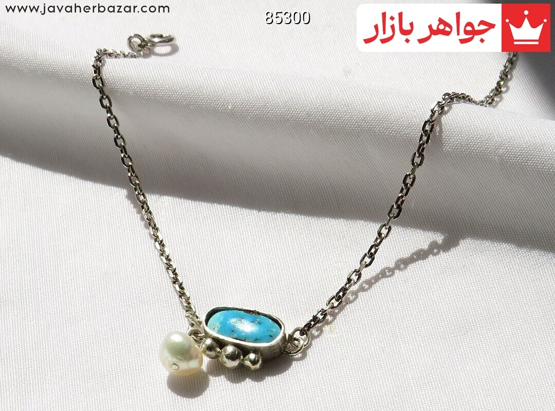 دستبند مروارید و فیروزه نیشابوری زنانه دست ساز