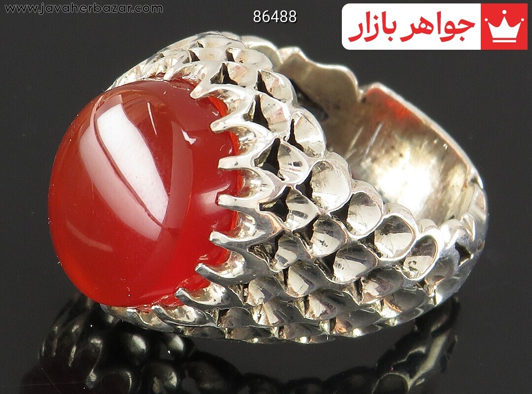 انگشتر نقره عقیق یمنی قرمز رکاب طرح صدفی مردانه دست ساز