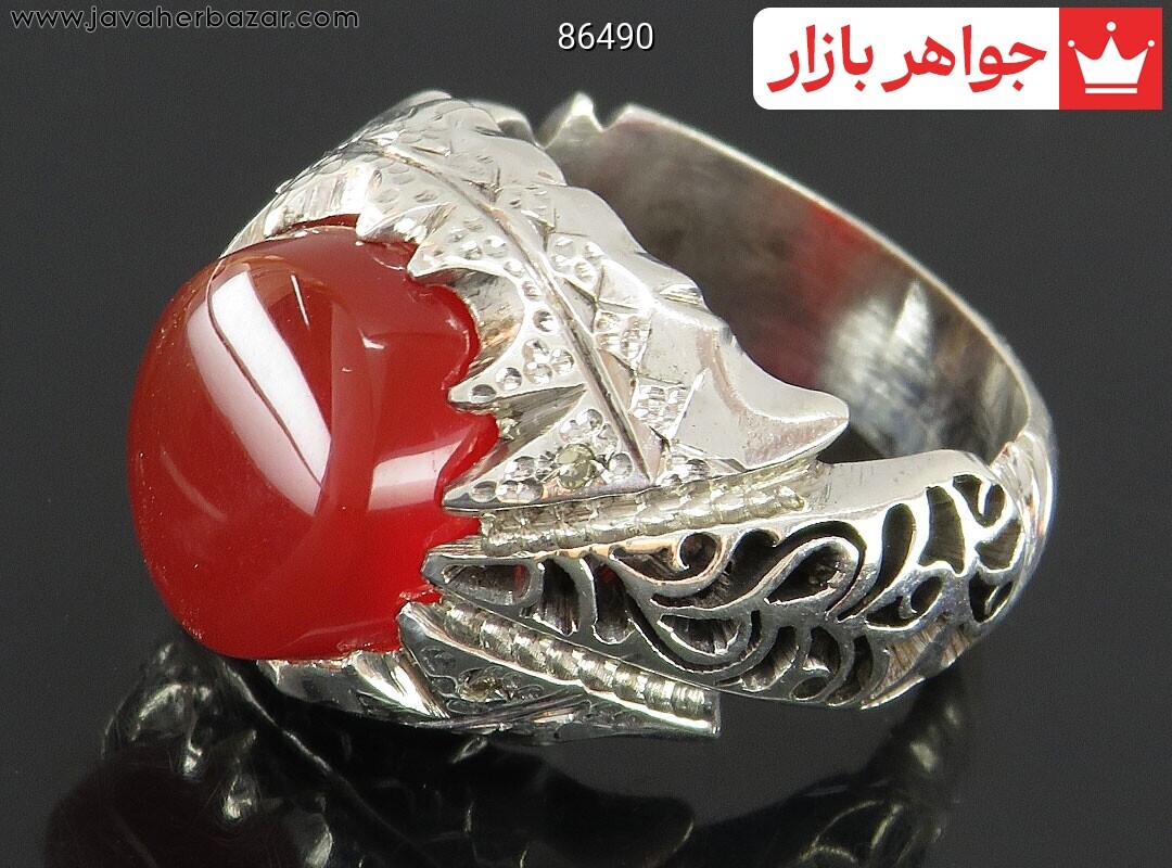 انگشتر نقره عقیق یمنی قرمز لوکس مردانه دست ساز با برلیان اصل
