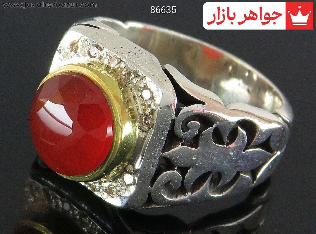 انگشتر نقره عقیق یمنی قرمز طرح سلطان مردانه دست ساز با برلیان اصل