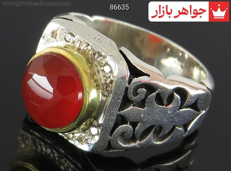 انگشتر نقره عقیق یمنی قرمز طرح سلطان مردانه دست ساز با برلیان اصل