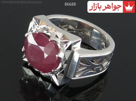 انگشتر نقره یاقوت آفریقایی قرمز سرخ الماس تراش اشرافی مردانه دست ساز - 86688