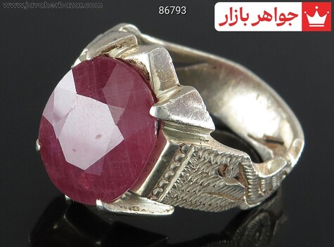 انگشتر نقره یاقوت الماس تراش رکاب یا علی مردانه - 86793