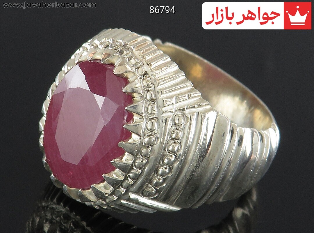 انگشتر نقره یاقوت قرمز الماس تراش اشرافی مردانه دست ساز