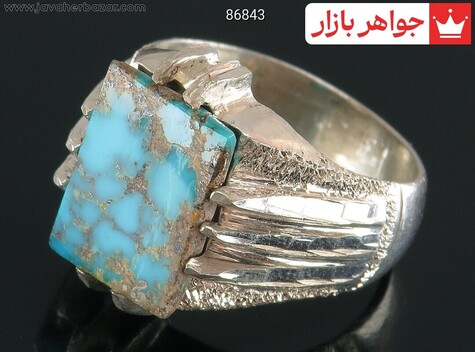 انگشتر نقره فیروزه نیشابوری رکاب آینه کاری مردانه دست ساز - 86843
