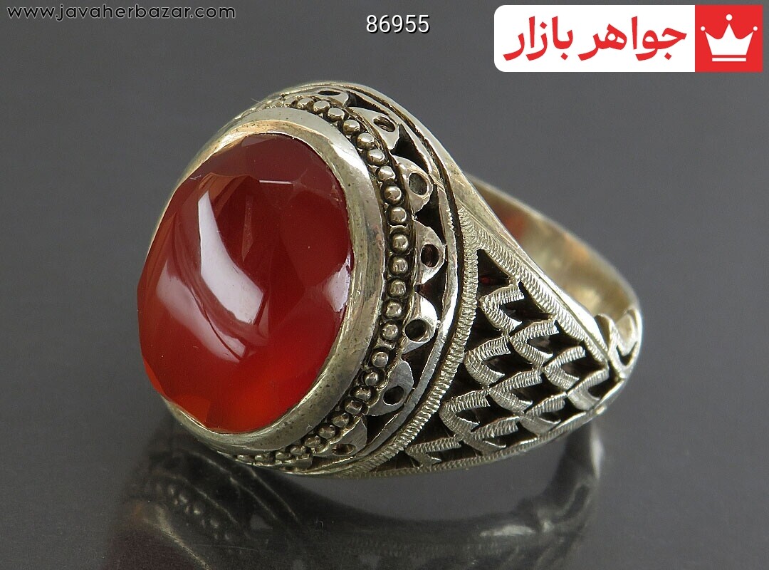 انگشتر نقره عقیق یمنی قرمز سرخ الماس تراش مردانه دست ساز