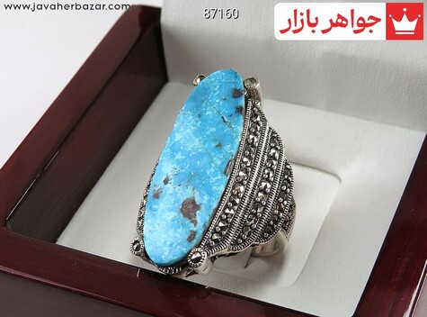انگشتر نقره فیروزه نیشابوری درشت کشیده زنانه - 87160