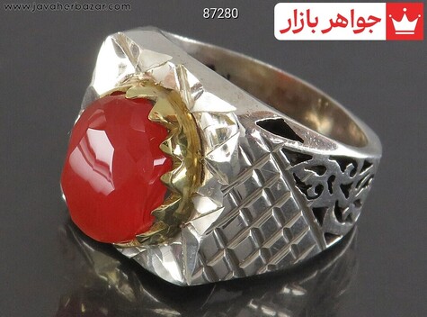 انگشتر نقره عقیق یمنی قرمز سرخ الماس تراش مردانه دست ساز