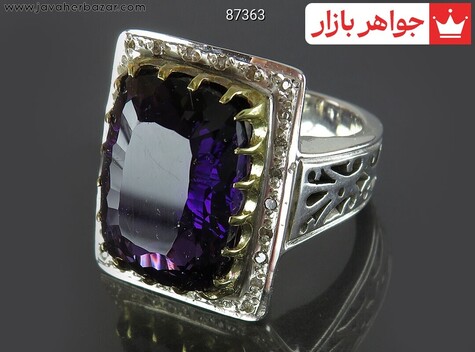انگشتر نقره آمتیست آفریقایی فاخر و برلیان اصل مردانه دست ساز - 87363