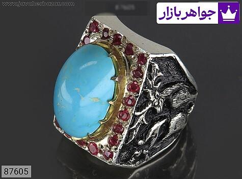 انگشتر نقره فیروزه نیشابوری و یاقوت آفریقایی لوکس مردانه - 87605
