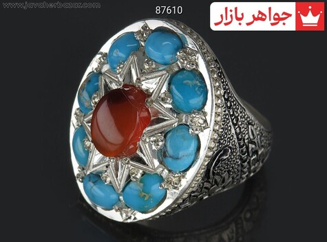 انگشتر نقره فیروزه نیشابوری و عقیق یمنی ارزشمند مردانه