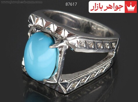 انگشتر نقره فیروزه نیشابوری عجمی مردانه دست ساز با برلیان اصل - 87617