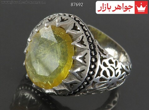 انگشتر نقره یاقوت زرد الماس تراش مردانه دست ساز - 87692