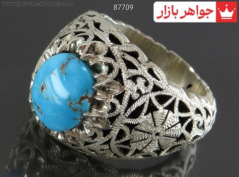 انگشتر نقره فیروزه نیشابوری شبکه کاری کم نظیر مردانه دست ساز - 87709