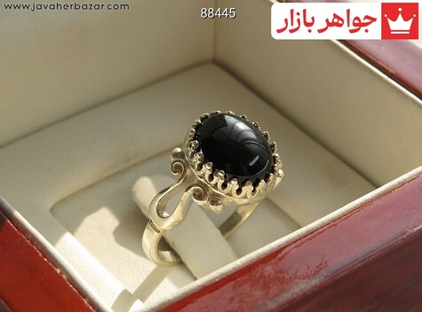 انگشتر نقره عقیق سیاه طرح پیچک زنانه - 88445