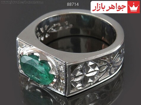 انگشتر نقره زمرد زامبیا ارزشمند مردانه دست ساز با برلیان اصل - 88714